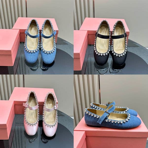 2025--Designer Sandals Women Shoes Flat Ballet Summer Slides Sandals Dress Loafers Blue Denim Round Head Luxury Rhinestone Mary Jane Partydress Dance Shoe