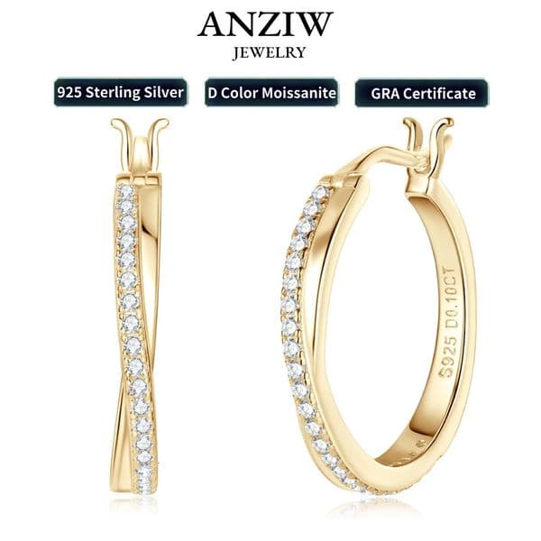 Anziw Classic Real Womens Ring Earrings 925 Silver 18K Gold Plated Clip Earrings Wedding Jewelry Gifts 2024 241122