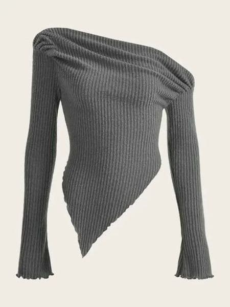 Women Solid Autumn Winter Grunge Asymmetrical Neck Ribknit Tee Strapless Blouse Long Sleeve Casual Sweater Handkerchief Hem 241121