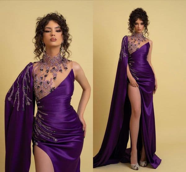 Charming Purple Long Sleeve Evening Dresses High Neck Mermaid Crystals Beads Top High Thigh Split Party Occasion Gowns Arabic Dubai Robes BC18674