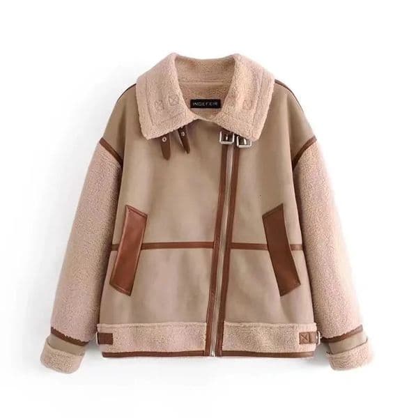 Splicing Fur and Leather Onepiece Jacket for Womens Fashion a Style of Motorcycle with 241121