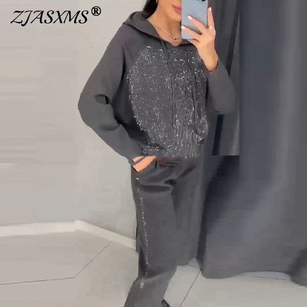 Fashion Diamonds Patchwork Womens Suits Sport Drawstring Hooded Sweatshirt and Long Pants Sets Autumn Winter Loose 2pcs Outfits 241121