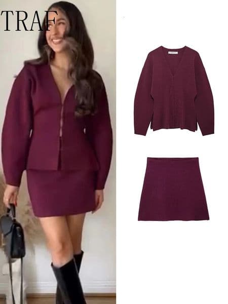TRAF Autumn Skirt Set Woman Knitted Cardigan V Neck Loose Sweater Stretch Skirts Winter Office Lady 241121
