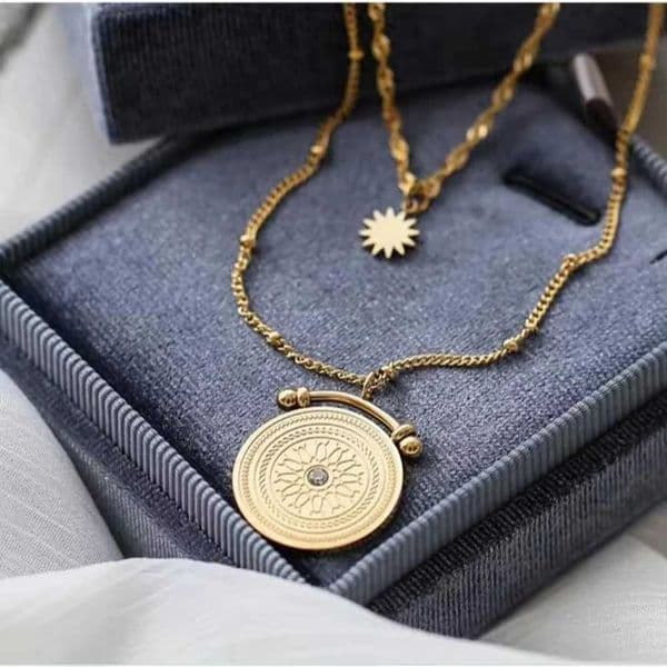 Vintage Double Layers Stainl Steel Baroque Jewelry for Women Flower Texture Coin Pendant Plated 18k Gold Necklaces for WomenX241123