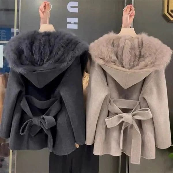 Pink hooded coat Womens autumn winter belt wool coat fur coat perfume high-end lightweight short fur collar 241125