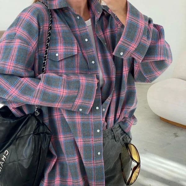 2024 Oversized Plaid Shirt Autumn Winter Women Vintage Long Sleeve Fashion Loose Lapel Pocket Fit Blouse Korean Style 241121