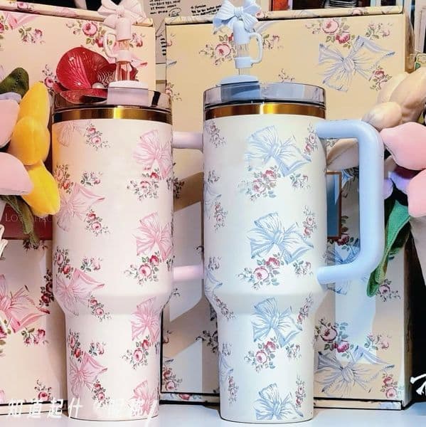 40oz Christmas Floral Cups Rose Blue Magnolia Lilac Stainless Steel Tumblers with Silicone Handle Lid Straw ed 40 oz Shiny Eermald Green Pink Car gs 1125 Y260520