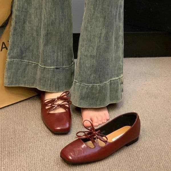 Lovely Double Bowknot Women Mary Jane Shoes 2024 Spring Summer Square Toe Dress Flat Shoe Ladies Red Soft Sole Shoes Zapatos 241125