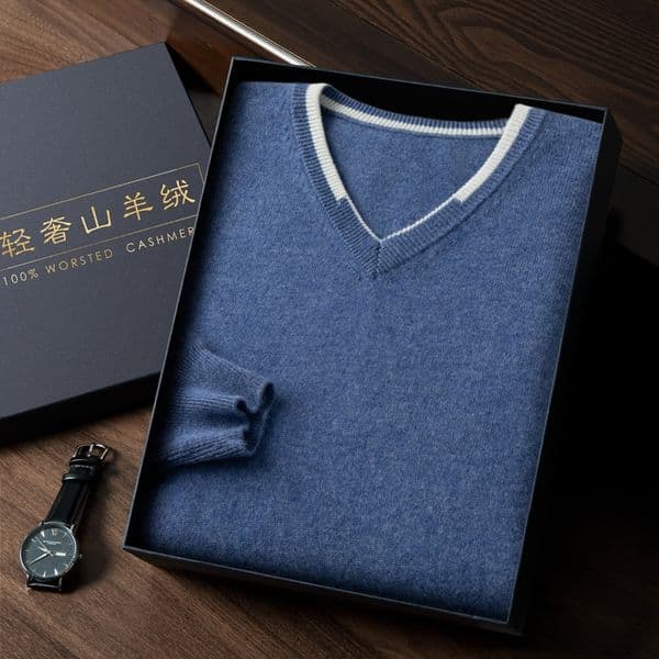MVLYFLRT 100% Pure Cashmere Men's V-Neck Pullover 2023 Autumn Winter Casual Loose Fit Large Contrast Color Shirt Basic Sweater