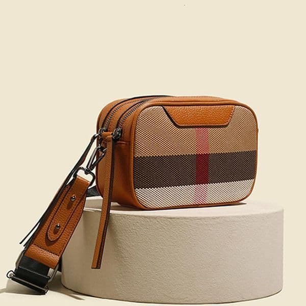 Genuine Leather Women's Canvas Crossbody With Wide Straps Fashionable Flip Design Single Shoulder Small Square Checkered Bag