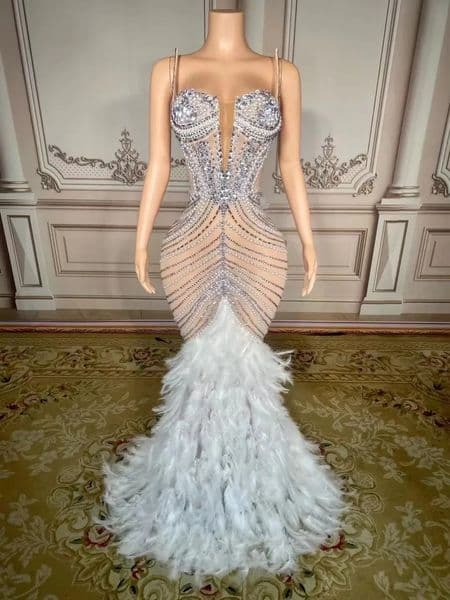 Sparkly Rhinestones Pearls Floorlength Feathers Dress Wedding Evening Prom Po Shoot Wear Women Birthday Bodycon 241125