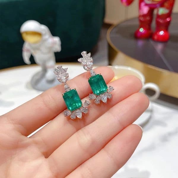 Lady's Solid 925 Sterling Silver Earrings Green Square Put Together Emerald cut Gemstone Earrings Luxury Wedding Jewelry for Women Gift girls