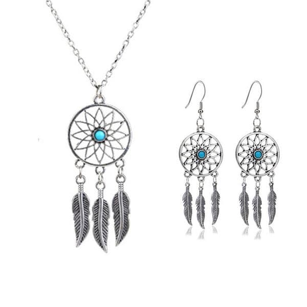 Hot Sale Vintage Dream Catcher Necklace Earrings Set Silver Chain Leaves Feather Turquoise Pendant Necklace for Women Bohemia Jewelry