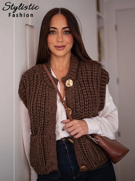 Casual Knit Waistcoat Women Solid O Neck Single Breasted Sleeveless Pocket Sweater Vests 2024 Autumn Winter Vintage Lady Tops 241121