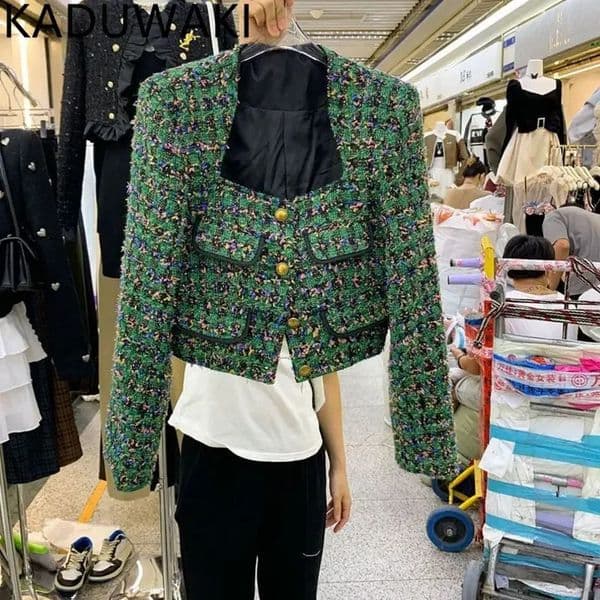 Autumn Winter Sqaure Collar Tweed Jacket Womens Vintage Elegant Small perfume Short Coat French Style Fashion Top 241125