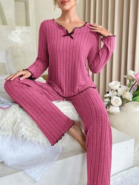Womens autumn and winter ribbed pajama set long sleeved top long pants 2-piece set casual home wear casual pajamas 241125