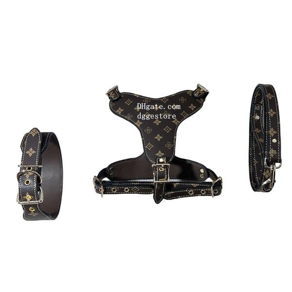 Luxurious Leather Dog Collars Harnesses Leash 3Pcs Matching Set Durable Strong Pet Harness No Pull Vest for Bulldog,Pit Bull,Mastiff, Boxer, Bull Terrier (Brown,XL) B235