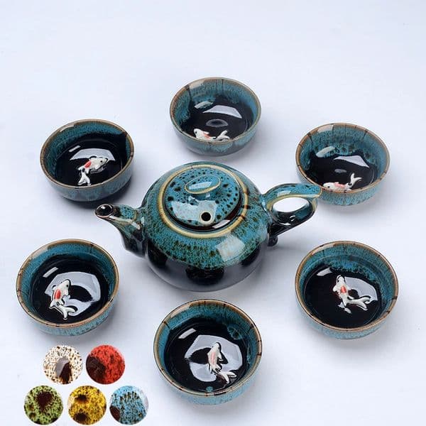 1 Pot 6 Cups Fish Play Tea Set Chinese Style Ceramic Kung Fu Tea Set Teapot Portable Tea Cups Of Tea Ceremony Teaware Sets Gifts 241125 Y260520
