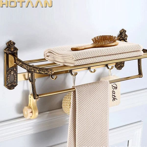 Aluminum folding antique brass bathroom towel rack activity bathroom towel rack double towel rack with hooks bathroom accessories 241125