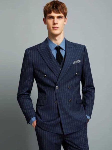 Mens Stripe Set Classic Navy Blue Formal Business Wedding Set Double Chest Groom Ball Fashion Casual Slimming 2PC Jacket Pants X241126