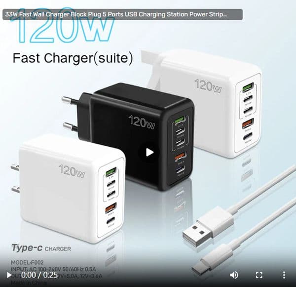 2026 New 33W Fast Wall Block Plug 5 Ports Station Power Strip Adapter 3Pd Type C & 2 USB Chargers Tablet Charger outdoor With Charging Cable For Iphone Phone Fr