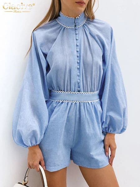 Clacive Fashion loose blue cotton womens jumpsuit 2025 elegant standing collar long sleeved jumpsuit womens jumpsuit 241125