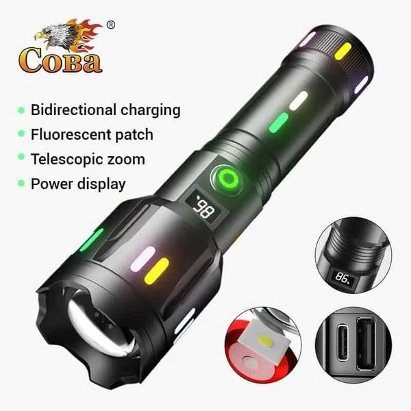 High Power Spotlight Long Range LED Flashlight Fluorescent Absorbing Film Luminous Colorful Zoom Flashlight Camping Emergency Z241126
