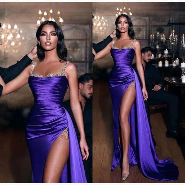 Mermaid New Purple Long Satin Evening Dresses Spaghetti Straps High Split Beaded Sweep Train Formal Party Prom Gowns