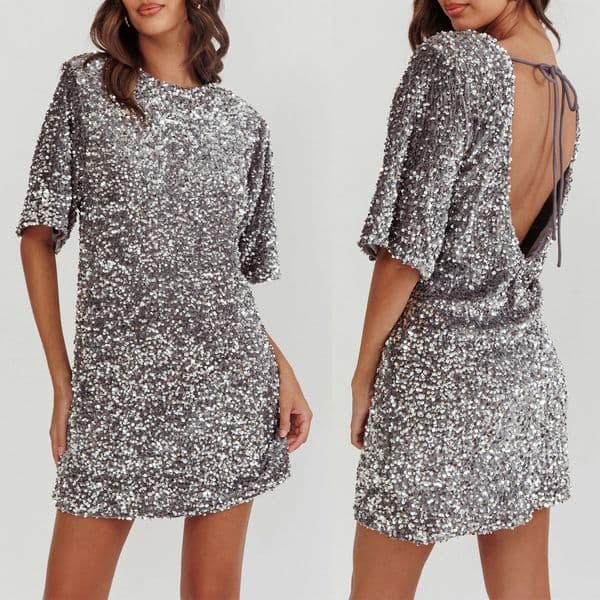 Womens shiny sequin T-shirt dress fashionable loose shiny short sleeved round neck open shoulder mini dress suitable for party clubs 241125