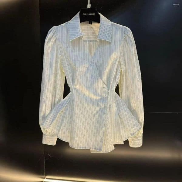 Women's Blouses French Irregular Fold Diamond Long Sleeve V-neck Striped Shirt For Women Autumn Stylish Style Skinny Top