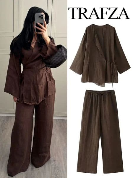TRAFZA Womens Summer Fashion Linen Solid Color Shirt Set with Waist Belt and Open Skirt Kimono Top2 High Waist Womens Folded Pants 241126