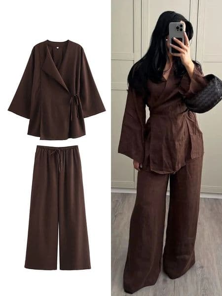 TRAF Fashion Linen 2-piece Womens Spring/Summer Kimono Style Loose Lace Top Womens Wide Leg Pants Set 241126