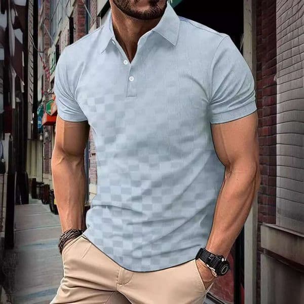 Summer New European And American Men's Casual High-End Ice Silk Jacquard Plaid Lapel Short Sleeved Buckle P O L Shirt B4