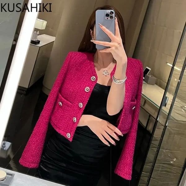 KUSAHIKI Tweed Autumn Single Chest Knitted Fashion Short Coat Womens Elegant Jacket O-neck Long Sleeve Cardigan Top 241125