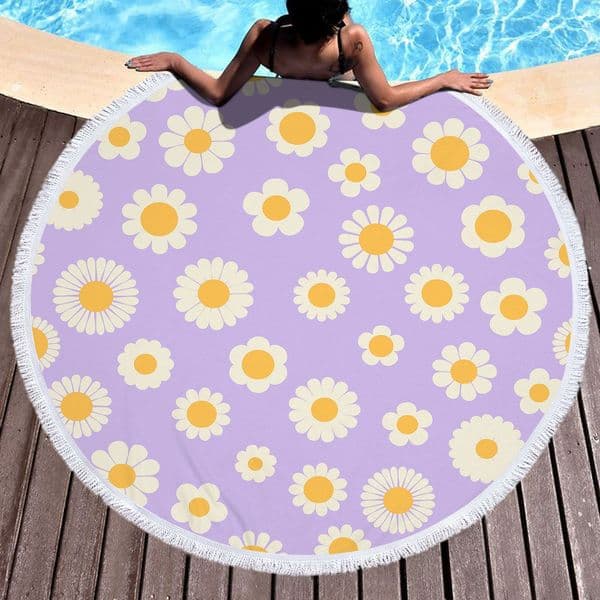 150cm Microfiber Round Beach Towel Smiley Flower Pattern Quick Dry Soft Absorbent Sand Free Blanket