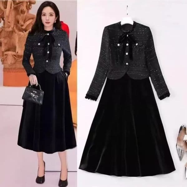 autumn and winter coarse tweed patch work velvet Midi dress elegant womens long sleeved bow 2-piece party dress 241125