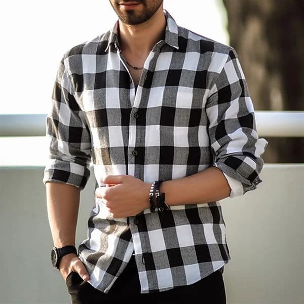 Fashion style black and white checkered shirt mens long sleeved shirt summer button up collar shirt loose casual top 241125