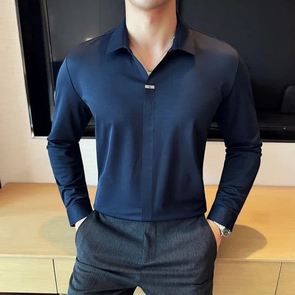 Mens Special V-neck Long-Sleeved Polo Shirt High-Grade Elasticity Traceless Lapel T-shirt Brown Blouse Collar Slim-Fit Top 241126