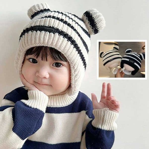 Cute Knitted Striped Baby Earrings Beanie Winter Cotton Lined Thick Hat Windproof Earrings for Preschool Boys and Girls W241127