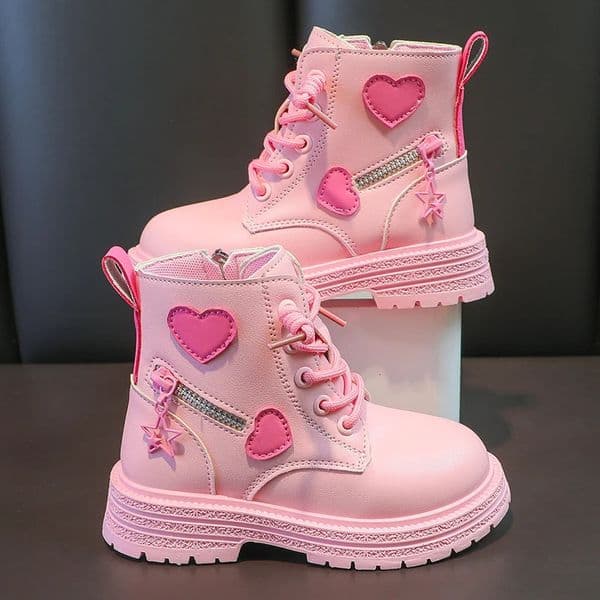 Girls Boots Kids Fashion Rubber Cool Girl Autumn and Winter Cotton Soft Sole Pink with Love Side Zip Princess Roundtoe PU 241127