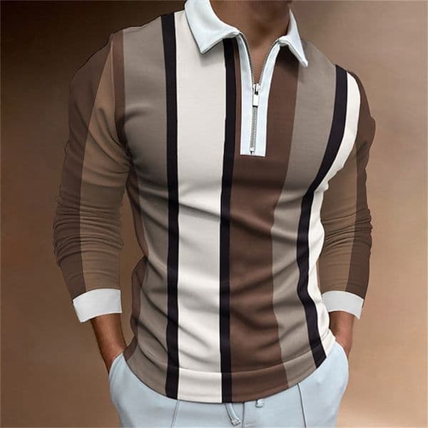 Designer fashion autumn and winter striped long sleeved men's polo shirt new zipper