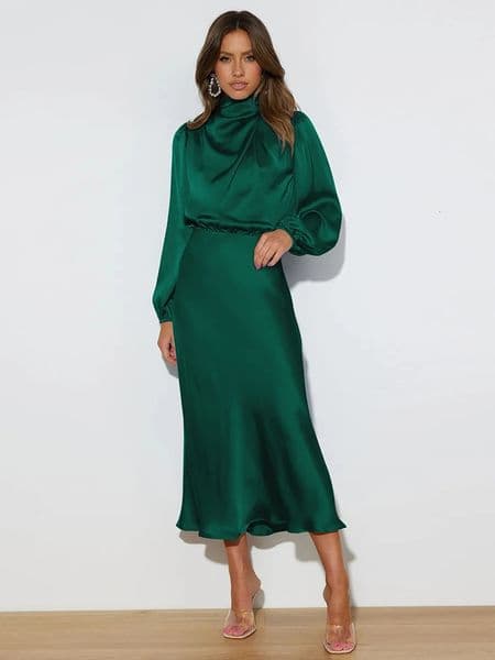 Spring Summer HighEnd Satin Long Sleeved Dress Womens Ladylike Elegant Evening Party Clothes Celebrity Dresses 241126