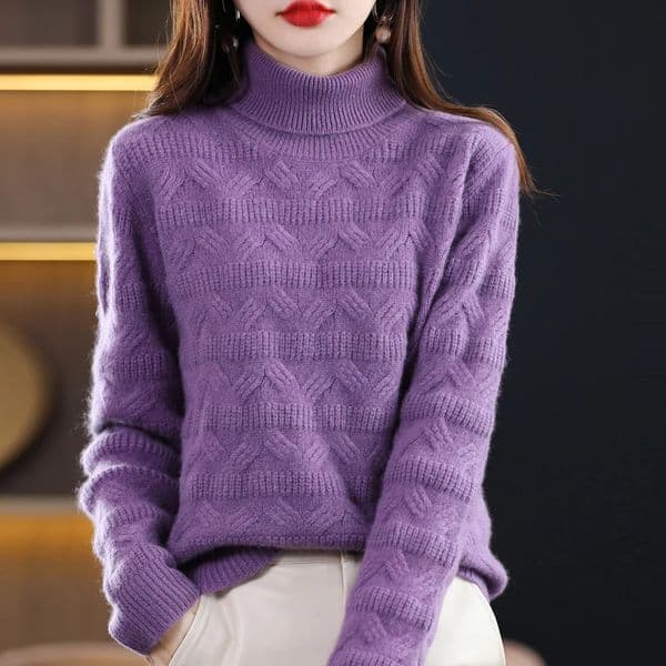 Autumn Winter 100% Pure Wool Soft Thickening Sweater Women Jacquard High Lapel Solid Pullover Basis Casual Cashmere Knit Top 241126