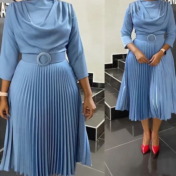 Elegant Office Dress Pleated for Women Professional Round Neck Full Sleeve Belt Waisted Mid Calf Formal Business Work Dress 241126