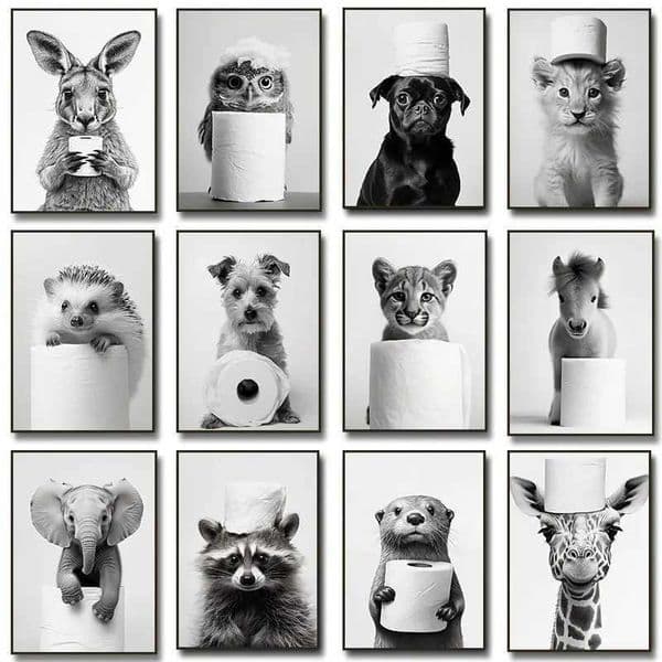 Animal bathroom toilet paper poster otter hedgehog giraffe gift wall room home decoration black and white printing modern canvas W241128