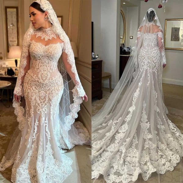 Classic Mermaid Wedding Dresses Lace Appliques Bride Gowns High Neck Custom Made Long Sleeves Sweep Train Bridal Dress Vestido de novia