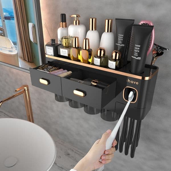 Toothbrush Holders for Bathrooms - Upgrade Wall Mounted Toothbrush Holder with Toothpaste Dispenser -4 Cups Large Capacity Tray 240419