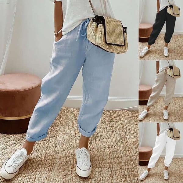 European American Women's Cotton And En Pants With Elastic Pockets, Casual Trendy Clothing, Fashionable Temperament
