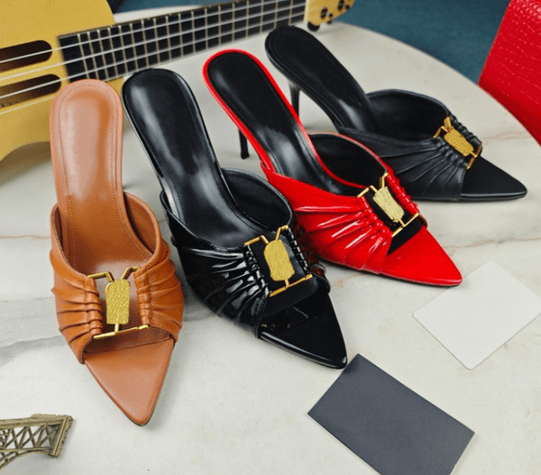 Woman sandal slide heels Babylone Stiletto Mules Women Patent Calfskin Black Gold buckle pointed toe slip on 35-42