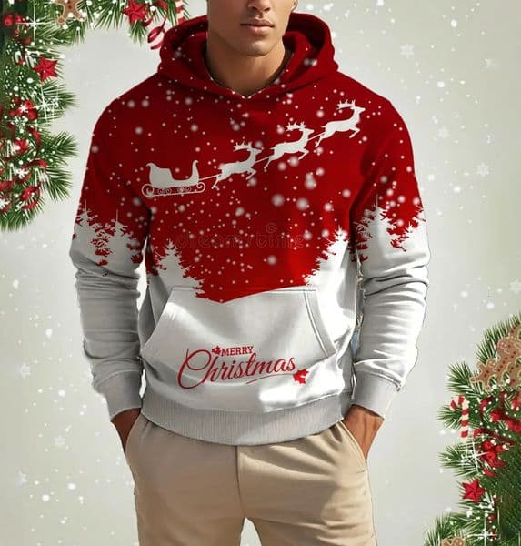 Mens Christmas reindeer print hooded sweatshirt with animal cartoon pattern casual cute polyester spandex blend hooded sweatshirt 241127